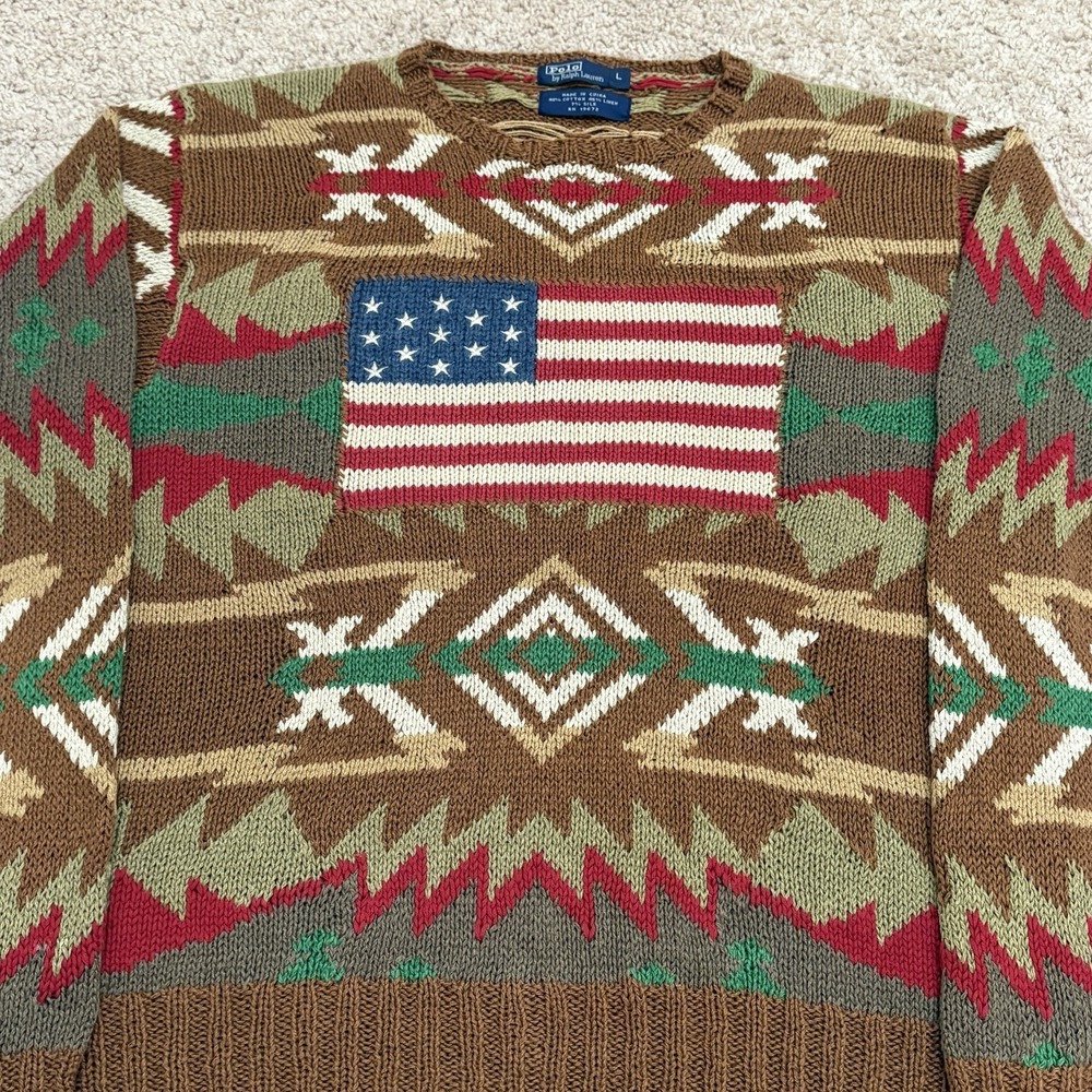 Vintage Polo Ralph Lauren Aztec American Flag Sweater Mens Large Cotton Knit - Picture 2 of 8